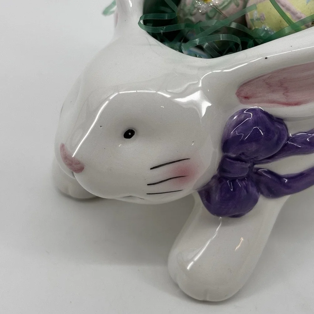 Ceramic‎ Easter Bunny Basket w/ Egg  Handle And Eggs Hand Painted And Glazed